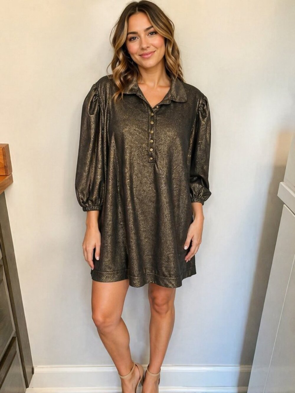 BURU Metallic Gold Puff Sleeve Dress Shimmer Babydoll Mini Holiday Party Sz M